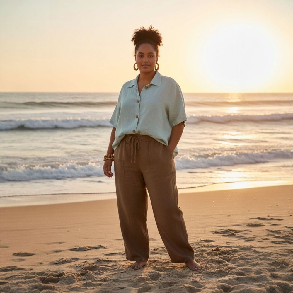 Blue Fish Linen Boho Button Down Shirt Size 4X Lagenlook Vintage 90s Light Blue